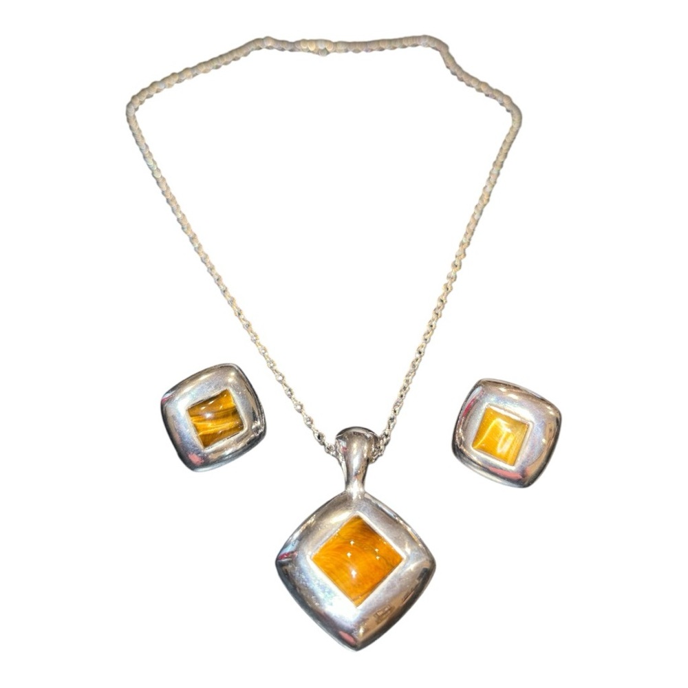Tiger’s Eye and Silver Tone Necklace & Earrings Set. RN